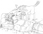 ambiguous_gender battle_wolf canid canine canis cloth digitigrade duo eyes_closed feral fur graphite_(artwork) human male mammal monochrome pencil_(artwork) quadruped sleeping tail terry_cloth toriko toriko_(series) traditional_media_(artwork) unknown_artist wolf