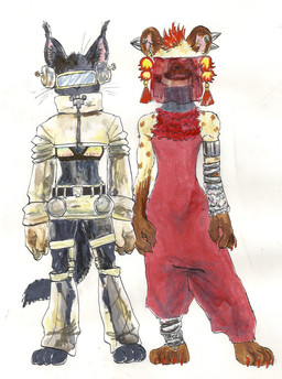 alternative_fashion anthro black_body black_fur brown_body claws clothed clothing collar dress duo ear_piercing ear_ring female fur futuristic hair jewelry piercing red_hair ring_piercing simple_background spots tail white_background kyokyota domestic_cat felid feline felis hyena lynx mammal spotted_hyena 2018 absurd_res hi_res traditional_media_(artwork)