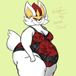anthro bedroom_eyes big_butt breasts butt clothing female fur green_background leotard looking_at_viewer narrowed_eyes obese orange_text overweight overweight_anthro overweight_female red_eyes seductive simple_background smile solo standing text thick_thighs white_body white_fur wynnfoxy nintendo pokemon cinderace generation_8_pokemon pokemon_(species) 1:1 2026 dated hi_res signature watermark