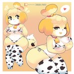 2_tails 3_fingers 3_toes accessory animal_print animal_print_bikini animal_print_thigh_highs anthro areola areola_slip barefoot bell bell_collar big_breasts bikini blonde_hair blush breasts cleavage clothed clothing collar cow_print cow_print_bikini cow_print_thigh_highs cowbell feet female fingers footwear fur hair hair_accessory hair_bell heart_eyes heart_symbol legwear midriff multi_tail navel one_eye_closed pattern_bikini pattern_clothing pattern_legwear pattern_swimwear pattern_thigh_highs simple_background smile solo speech_bubble standing swimwear tail tail_tuft thick_thighs thigh_highs toe_outline toes topwear tuft two-piece_swimsuit wink yellow_body yellow_fur onigiri_punch animal_crossing nintendo isabelle_(animal_crossing) canid canine canis domestic_dog mammal absurd_res digital_media_(artwork) hi_res