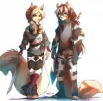 anthro clothed clothing duo female forehead_protector looking_at_viewer melee_weapon simple_background smile standing sword weapon white_background hihikori ailurid felid mammal red_panda