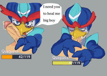 ambiguous_gender ambiguous_penetrated anthro bodily_fluids cum cum_in_mouth cum_inside cum_overflow dialogue duo fellatio gameplay_mechanics genital_fluids genitals gui health_bar humanoid_genitalia humanoid_penis looking_at_viewer male male/ambiguous male_penetrating male_penetrating_ambiguous one_eye_closed oral oral_penetration penetration penile penis sex text kemono_mashin nintendo pokemon generation_9_pokemon pokemon_(species) quaquaval english_text hi_res
