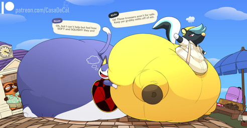 aloha_shirt annoyed anthro aroused backpack belly big_belly big_butt black_body black_clothing black_ears black_mouth black_shirt black_tail black_topwear blue_body blue_ears blue_eyes blue_hair blue_sky blue_tail bodily_fluids bottomwear brown_body brown_clothing brown_ears brown_footwear brown_shoes brown_tail building butt butt_grab butt_squish clothing cloud dialogue dipstick_tail erection erection_under_clothing eyes_closed footwear grey_bottomwear grey_clothing grey_shorts group hair hand_on_another's_butt hand_on_butt hand_on_head hand_on_own_head head_on_butt hug huge_belly huge_butt huge_thighs hugging_another hugging_butt hyper hyper_butt hyper_pear hyper_thighs male markings monobutt morbidly_obese morbidly_obese_anthro morbidly_obese_male multicolored_body multicolored_hair multicolored_tail obese obese_anthro obese_male open_mouth open_smile outside overalls overweight overweight_anthro overweight_male patreon_logo pattern_clothing pattern_shirt pattern_topwear red_clothing red_eyes red_shirt red_tongue red_topwear shirt shoes shorts sky smile speech_bubble squish sweat sweatdrop tail tail_markings tan_inner_ear tan_nose text thick_thighs tight_clothing tongue topwear trio two_tone_body umbrella white_body white_clothing white_hair white_shirt white_tail white_tail_tip white_topwear yellow_clothing yellow_inner_ear yellow_overalls calorie animal_crossing nintendo patreon kicks_(animal_crossing) rover_(animal_crossing) tom_nook_(animal_crossing) canid canine domestic_cat felid feline felis mammal mephitid raccoon_dog skunk tanuki 2024 artist_name cel_shading colored digital_media_(artwork) english_text hi_res shaded url