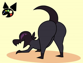 all_fours ambiguous_gender anthro butt grey_body logo looking_at_viewer looking_back looking_back_at_viewer narrowed_eyes open_mouth presenting purple_eyes raised_tail shaking_butt simple_background solo tail inkachu nintendo pokemon generation_7_pokemon pokemon_(species) salandit 2025 animated animated_gif artist_logo short_playtime