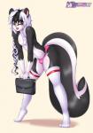 2015 anthro bag bent_over biped black_body black_fur blush braided_hair bulge clothed clothing crossdressing femboy freckles fur hair legwear long_hair looking_at_viewer male mammal markings mephitid mleonheart navel open_mouth panties pink_nose red_eyes scynt skunk smile solo standing stockings striped_markings striped_tail stripes tail tail_markings teeth tongue topless underwear white_body white_fur white_hair