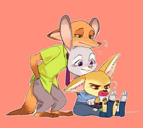 3_toes ankle_guards anthro barefoot big_ears bottomwear clothed clothing directional_arrow feet female fully_clothed fur green_eyes grey_body grey_fur group hand_in_pocket holding_object knee_pads male orange_body orange_fur pacifier pants pockets purple_eyes shirt sitting standing toes topwear uniform yusarang disney zootopia finnick_(zootopia) judy_hopps nick_wilde canid canine fennec_fox fox lagomorph leporid mammal rabbit red_fox true_fox 2016