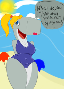 anthro big_breasts breasts clothed clothing female hair huge_breasts navel one-piece_swimsuit open_mouth ponytail slightly_chubby smile solo swimwear text thick_thighs backalleyfallz nickelodeon spongebob_squarepants pearl_krabs aquatic cetacean mammal physeteroid sperm_whale toothed_whale whale 2016 absurd_res digital_media_(artwork) english_text hi_res
