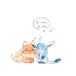 ambiguous_gender black_nose blue_body blue_fur bodily_fluids comforting dialogue duo feral fur hand_on_forehead headpat ill orange_body orange_fur simple_background simple_coloring sitting speech_bubble tan_body tan_fur tears text white_background aishasoup nintendo pokemon eeveelution flareon generation_1_pokemon generation_4_pokemon glaceon pokemon_(species) 1:1 english_text sketch