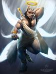 anthro beard clothing energy_wings facial_hair halo looking_at_viewer male melee_weapon robe solo sword unusual_anatomy unusual_wings weapon wings hungrypaws kaldrus elaz angel canid canine canis mammal seraph_(angel) wolf artist_collaboration hi_res