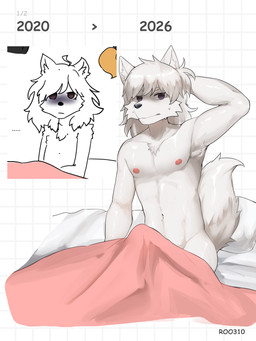 areola bodily_fluids erection looking_at_viewer male morning_wood navel nipples nude_anthro nude_male sitting solo sweat sweatdrop tenting text under_covers roo310 roos canid canine canis domestic_dog mammal nordic_sled_dog samoyed spitz 2020 2026 absurd_res artist_name colored hi_res shaded