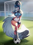 anklet anthro areola ball big_breasts blue_hair bottomwear breasts clothed clothing clothing_lift eyebrows eyelashes feet female fur genitals glistening glistening_breasts hair inner_ear_fluff jewelry looking_at_viewer navel nipple_dip nipples ponytail pussy red_eyes shirt shirt_lift shorts soccer_ball solo topwear tuft wide_hips aomori canid canine canis mammal 2024 hi_res