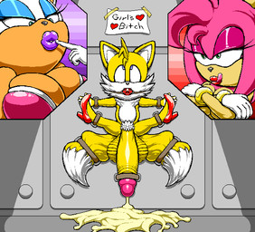 anthro ball_gag balls big_balls big_penis bodily_fluids cum cum_on_ground cum_puddle ejaculation excessive_cum excessive_genital_fluids eye_roll eyeshadow female gag genital_fluids genitals group huge_balls huge_penis licking licking_lips lipstick looking_pleasured makeup male penis restrained restraints shota tongue tongue_out trio young young_male angelauxes sega sonic_the_hedgehog_(series) amy_rose miles_prower rouge_the_bat bat canid canine eulipotyphlan hedgehog humanoid mammal