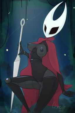 anthro areola arm_support black_areola black_body black_eyes black_nipples blue_vulva breasts cloak clothing exoskeleton female genitals hollow_eyes mask melee_weapon mostly_nude mouthless nipples non-mammal_breasts non-mammal_nipples sitting solo sword vulva weapon clone26 hollow_knight_(franchise) team_cherry hornet_(hollow_knight) arthropod 2022 2:3 absurd_res hi_res