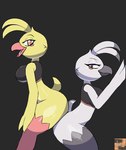 against_surface against_wall anthro beak big_breasts big_butt black_background black_bra black_clothing black_sports_bra black_underwear bottomless bra breasts butt clothed clothing duo feather_hands feathers female female_on_bottom female_on_top grey_beak grey_body grey_feathers half-closed_eyes looking_at_viewer narrowed_eyes non-mammal_breasts on_bottom on_top open_mouth orange_cheeks orange_eyes pink_beak pink_body pink_cheeks pose simple_background smile sports_bra tail tail_feathers thick_thighs underwear white_body white_feathers yellow_body yellow_feathers darknsfwindie eva_(miso_souperstar) kayla_(miso_souperstar) avian bird 2025 hi_res
