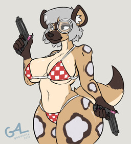 anthro bad_trigger_discipline big_breasts bikini bikini_bottom bikini_top bob_cut bottomwear breasts brown_body brown_fur brown_hands brown_spots checkered checkered_bottomwear checkered_clothing checkered_topwear claws clothing croatia_bikini dual_wielding eyewear female fingerpads fur glasses grey_hair gun hair holding_gun holding_object holding_ranged_weapon holding_weapon inner_ear_fluff looking_away navel nipple_outline pattern_bottomwear pattern_clothing pattern_topwear pawpads pink_pawpads ranged_weapon round_glasses smile solo spots swimwear tail tan_body thick_thighs topwear tuft two-piece_swimsuit weapon white_inner_ear white_spots wide_hips good4life4ever veronica_(azimuthium) african_wild_dog canid canine mammal 2026 digital_drawing_(artwork) digital_media_(artwork) hi_res portrait shaded signature three-quarter_portrait