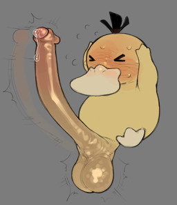 balls big_balls big_penis blush bodily_fluids embarrassed eyes_closed feral foreskin genitals huge_penis humanoid_genitalia humanoid_genitalia_on_feral humanoid_penis humanoid_penis_on_feral hyper hyper_genitalia hyper_penis long_penis male penis small_but_hung solo sweat sweatdrop throbbing throbbing_penis yellow_body utaro_uta nintendo pokemon anatid anseriform avian bird duck generation_1_pokemon pokemon_(species) psyduck low_res