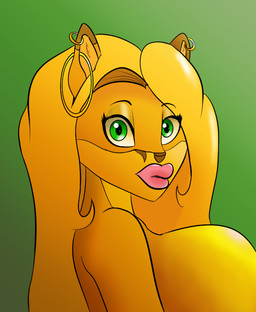 abstract_background anthro big_breasts bimbo_anthro blonde_hair breast_implants breasts ear_piercing female fur green_eyes hair huge_breasts lips piercing side_boob side_view solo thick_lips yellow_body yellow_fur gilded-vixen ashley_(gilded-vixen) canid canine fox mammal portrait