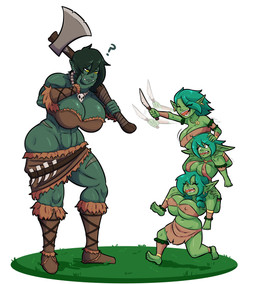 abs axe big_breasts black_hair blue_eyes bottomwear breasts brown_clothing cheek_scar cleavage clothed clothing collar eyelashes facial_scar fangs female female_humanoid glistening glistening_body glistening_breasts glistening_skin grass green_body green_hair green_skin group hair half-closed_eyes holding_axe holding_knife holding_object huge_breasts humanoid_pointy_ears knife larger_female leg_scar loincloth lucky_pierre muscular muscular_female narrowed_eyes navel no_underwear plant pointy_ears question_mark scar sex shortstack shortstack_female simple_background size_difference smaller_female smile teeth thick_thighs thigh_scar tired totem_pole_position tribal tribal_clothing under_boob waist_scar white_background wide_hips yellow_eyes tourin17 goblin humanoid orc absurd_res full-length_portrait hi_res portrait