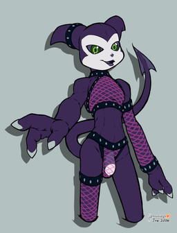 3_fingers abs balls clothing erection femboy fingers fishnet_clothing fishnet_underwear genitals glans green_eyes lips lipstick makeup male nude penis purple_body solo spade_tail tail underwear arashidrgn bandai_namco digimon meme_clothing digimon_(species) imp impmon mammal 2026 absurd_res hi_res meme