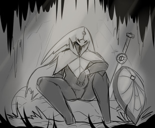 2_horns 5_fingers ambiguous_gender biped clothing empty_eyes featureless_crotch fingers forehead_gem gem horn light melee_weapon shield sitting solo sunlight sword weapon sol-lar-bink hollow_knight_(franchise) team_cherry harrold_(latiar) arthropod 2025 monochrome