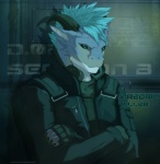 anthro blue_body blue_hair claws clothing green_eyes hair horn jacket looking_at_viewer male solo topwear rickenbacker mythology fredrik dragon mythological_creature mythological_scalie scalie