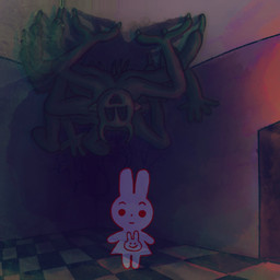 2_horns ambiguous_gender anthro chibi creepy creepy_cute detailed_background doorway dot_eyes duo floor horn horror_(theme) inside multi_limb scary simple_eyes smile tile tile_floor toony translucent translucent_body plastiboo animal_crossing nintendo ruby_(animal_crossing) demon humanoid lagomorph leporid mammal rabbit 1:1 hi_res