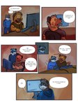 anthro chair clothing computer computer_mouse dialogue electronics furniture hoodie male male/male office_chair profanity text topwear malle_yeno linux hyena mammal procyonid raccoon absurd_res comic digital_drawing_(artwork) digital_media_(artwork) english_text hi_res