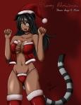 big_breasts black_hair black_stripes breasts christmas_clothing christmas_headwear clothed clothing facial_markings female green_eyes hair hat head_markings headgear headwear holidays lingerie long_hair markings panties santa_hat solo stripes underwear sageofotherworlds caribbean_blue christmas kimi_(caribbean_blue) animal_humanoid cat_humanoid domestic_cat felid felid_humanoid feline feline_humanoid felis human humanoid mammal mammal_humanoid