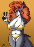 anthro big_breasts bikini breasts clothing curly_hair female gold_bikini hair huge_breasts lips orange_hair sexy_eyes solo swimwear trend two-piece_swimsuit phalanx_b_deer golden_week stellar_moonnight_(pbd) fish humanoid mackerel_shark marine shark white_shark hi_res