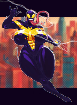 5_fingers abs arthropod_webbing athletic athletic_female athletic_humanoid bent_arm big_breasts big_eyes big_mouth_(anatomy) big_nipples biped blurred_background bodily_fluids breasts breasts_apart colored_saliva dark_body dark_nipples dotted_background female fingers front_view gesture glistening glistening_abs glistening_body glistening_breasts glistening_eyes glistening_head glistening_legs glistening_thighs gums hand_gesture huge_nipples ily_sign legs_together long_tongue looking_at_viewer multicolored_body multicolored_breasts nipples not_furry nude nude_female nude_humanoid open_mouth open_smile outline pattern_background pink_saliva pink_tongue plantigrade pose purple_body purple_breasts purple_nipples saliva saliva_string simple_background smile smiling_at_viewer solo sparkles symbol text thick_thighs tongue tongue_out two_tone_body two_tone_breasts unusual_bodily_fluids unusual_saliva white_outline wide_hipped_female wide_hipped_humanoid wide_hips yellow_body yellow_breasts yellow_eyes averag3artist marvel she-venom alien alien_humanoid humanoid symbiote 2025 absurd_res artist_name digital_drawing_(artwork) digital_media_(artwork) english_description full-length_portrait hi_res letterbox portrait