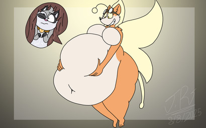 abdominal_bulge antennae_(anatomy) anthro anthro_pred belly belly_squish big_belly big_breasts bloated breasts collar curvy_figure duo eyelashes eyewear eyewear_on_head featureless_breasts female fur goggles goggles_on_head hair hand_on_belly huge_belly inside internal navel nude one_eye_closed simple_background size_difference smile squish tail teeth thick_thighs voluptuous voluptuous_anthro voluptuous_female vore wide_hips wings jayme_universe vore_day vore_day_2025 fairy mammal procyonid raccoon digital_media_(artwork) hi_res