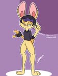 anthro black_hair clothing fur hair highlights_(coloring) male pink_nose purple_eyes purple_hair simple_background solo topwear yellow_body yellow_fur patateron dami_(damian5320) lagomorph leporid mammal rabbit absurd_res hi_res