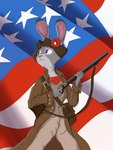 american_flag anthro bandolier clothed clothing dipstick_ears ear_markings female flag flag_background fully_clothed fur gun hat headgear headwear holding_object holding_weapon jacket looking_back minuteman multicolored_body multicolored_ears multicolored_fur musket ranged_weapon revolutionary_war solo topwear tricorn_hat two_tone_body two_tone_fur united_states_of_america weapon lordofnothin1 disney zootopia judy_hopps lagomorph leporid mammal rabbit 3:4