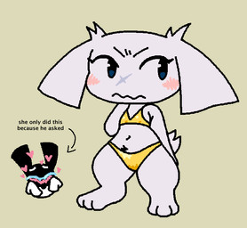 3_toes anthro bikini black_body black_eyebrows black_fur blue_eyes blush closed_frown clothing crotch_tuft directional_arrow duo eyebrows facial_scar feet female flat_chested floppy_ears frown fur gold_bikini gold_bikini_bottom gold_bikini_top heart_symbol looking_away male mouth_closed scar scut_tail short short_tail simple_background solo_focus swimwear tail text toes tuft two-piece_swimsuit white_body white_eyebrows white_fur wide_hipped_anthro wide_hipped_female yellow_background eternaldrunk cave_story golden_week sue_sakamoto lagomorph leporid mammal mimiga rabbit 2026 english_text