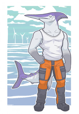 5_fingers anthro biceps biped black_boots black_clothing black_footwear black_sclera boots bottomwear cargo_pants clothed clothed_anthro clothed_male clothing fin fingers footwear grey_body grey_bottomwear grey_clothing grey_pants grey_scales grey_tail head_fin head_turned male male_anthro multicolored_body multicolored_bottomwear multicolored_clothing multicolored_scales muscular muscular_anthro muscular_male notched_fin orange_bottomwear orange_clothing orange_pants outline pants pecs plantigrade purple_body purple_fin purple_scales purple_tail scales sea shirt shoes solo standing tail tail_fin tank_top text topwear two_tone_bottomwear two_tone_clothing two_tone_pants water white_body white_clothing white_eyes white_outline white_scales white_shirt white_tank_top white_topwear wind_turbine snarkysardine billfish fish istiophoriform marine swordfish 2025 artist_name dated hi_res