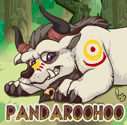 ambiguous_feral ambiguous_gender black_horn black_nose blue_eyes duo empty_eyes feral fur glistening glistening_eyes grey_mane grin horn logo lying male male_feral mane markings on_front outside red_markings smile white_body white_fur yellow_markings pandapaco avian species_request artist_logo signature