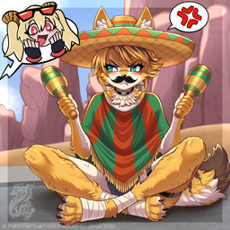 anthro biped blonde_hair blush choker clothing cross-popping_vein crossed_legs digitigrade duo eyebrows eyelashes fake_mustache feet_wraps female fur green_eyes hair hat headgear headwear inner_ear_fluff jewelry maraca mexico musical_instrument neck_tuft necklace percussion_instrument poncho sitting solo_focus sombrero text tuft white_body white_fur yellow_body yellow_fur mark_haynes mihoyo zenless_zone_zero burnice_white pulchra_fellini felid feline felis human mammal thiren 1:1 2025 digital_media_(artwork) hi_res pictographics url