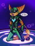 anthro armor bulge clothed clothing crouching detailed_bulge dialogue embarrassed erection erection_under_clothing excited genital_outline headgear helmet male masturbation penis_outline solo stripes text tight_clothing tobbywolf insomniac_games ratchet_and_clank sony_corporation sony_interactive_entertainment ratchet_(ratchet_and_clank) alien lombax mammal english_text hi_res