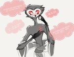 avian bird black_and_white blush clothing demon dialogue dialogue_box english_text feathers heart_symbol helluva_boss hi_res hypocritsinner implied_incest incest_(lore) male monochrome owl owl_demon red_eyes robe simple_background solo stolas_(helluva_boss) text