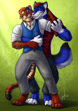 anthro anthro_on_anthro barefoot black_claws black_nose black_pawpads black_tail blue_clothing blue_hair blue_tail blue_topwear blue_vest bottomwear claws clothed clothing duo ear_piercing ear_ring eyes_closed feet finger_claws front_view fur gloves_(marking) grey_bottomwear grey_clothing grey_pants hair hug hugging_another hugging_from_behind male male/male male_anthro markings multicolored_hair pants pawpads piercing pink_nose pink_tongue red_clothing red_hair red_shirt red_t-shirt red_topwear ring_piercing shirt short_hair simple_background smile standing striped_arms striped_legs striped_markings striped_tail stripes t-shirt tail tail_markings tan_body tan_fur tan_tail toe_claws tongue tongue_out topwear two_tone_hair vest white_clothing white_shirt white_tail white_topwear hufnaar canid canine felid mammal pantherine tiger 2021 absurd_res dated hi_res