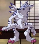 anthro dog_tags ear_piercing ear_ring featureless_chest featureless_crotch hand_on_object inside male nude piercing ring_piercing scar sitting smile solo teeth_showing otakujackal thegreatmatsutzu bandai_namco digimon canid canine digimon_(species) mammal weregarurumon