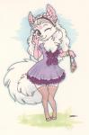 4_toes anthro biped bracelet chibi clothed clothing dress feet female front_view fur hair jewelry legwear one_eye_closed pink_body pink_fur purse simple_background solo standing stockings toes wink iko canid canine fox mammal 2015 hi_res traditional_media_(artwork)