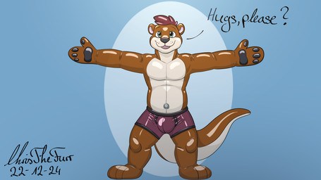 anthro arms_outstretched barefoot biped blue_background blue_eyes brown_body bulge clothed clothing countershade_face countershade_torso countershading dialogue feet glistening glistening_body glistening_clothing grey_nose grey_pawpads happy head_tuft hug_invitation hug_request inflatable inflation_valve latex latex_body latex_clothing latex_underwear looking_at_viewer male multicolored_body pawpads plantigrade pose simple_background smile standing stocky tail tan_body text thick_tail tight_underwear topless tuft two_tone_body underwear underwear_only whisker_spots christhefurr leon_(christhefurr) animate_inanimate latex_creature living_inflatable living_pool_toy mammal mustelid otter 16:9 2024 artist_name dated english_text hi_res shaded signature widescreen