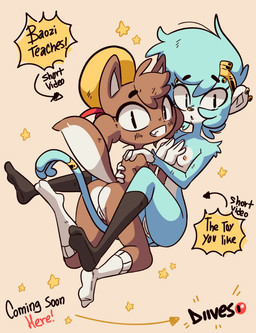 anthro breasts butt duo female female/female genitals nude simple_background star text vulva diives xingzuo_temple baozi_(diives) shiliu_(diives) canid canine canis domestic_dog haplorhine mammal monkey primate 2023 english_text