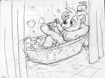 anthro bath bathing bathtub bubble bubble_bath chest_tuft closed_smile duo glistening glistening_eyes hand_behind_head holding_another logo male male_anthro mouth_closed narrowed_eyes nude reclining smile text tuft young young_anthro young_male pandapaco parinton bear giant_panda mammal 2014 artist_logo english_text hi_res monochrome signature sketch