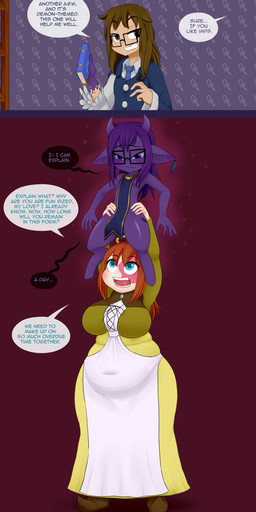 4_fingers accessory apron belly birthmark blue_book blue_clothing blue_eyes blue_necktie blush book brown_clothing brown_footwear brown_hair brown_shoes clothes_falling_off clothing dress duo ear_piercing ear_ring eyewear female fingers floppy_ears footwear glasses hair halo height_loss hip_tattoo holding_book holding_object holding_up_other_character hooves horn impification jewelry magic_book male markings necktie nipples not_furry orange_hair overweight overweight_female pattern_background piercing pivoted_ears pointy_ears purple_body purple_nipples purple_skin rectangular_glasses ring_piercing shoes short_stack short_stackification simple_background size_difference species_transformation tattoo text transformation transformation_through_magic white_apron white_clothing mentalcrash horned_humanoid human humanoid imp mammal tome_imp absurd_res english_text hi_res