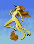 3_toes 5_fingers anthro biped black_horn breasts claws feet female fingers genitals gradient_background hair horn jumping long_hair looking_at_viewer navel nipples non-mammal_breasts non-mammal_navel non-mammal_nipples nude orange_hair orange_tail outside pose pussy raised_arm red_eyes sickle_claw simple_background sky small_breasts solo spread_legs spreading tail tail_tuft toe_claws toes tuft wavy_hair wavy_horn white_body yellow_body yellow_tail alicorn_shark mythology sirava dragon mythological_creature mythological_scalie scalie wingless_dragon 2025 absurd_res digital_drawing_(artwork) digital_media_(artwork) hi_res pinup portrait