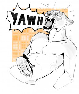anthro ears_back eyes_closed fangs inner_ear_fluff male male_anthro nipples nude open_mouth pattern_background pivoted_ears simple_background solo teeth tongue tuft yawn justkiddinb felid mammal hi_res partially_colored