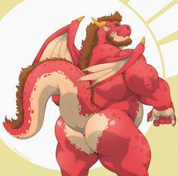 abstract_background anthro barazoku beard belly big_butt big_muscles brown_hair bubble_butt butt claws eyebrows facial_hair hair horn huge_butt huge_muscles looking_back male manly musclegut muscular muscular_anthro muscular_male nude rear_view red_body simple_background smile solo standing tail thick_thighs wings tylerstark european_mythology mythology dragon mythological_creature mythological_scalie scalie western_dragon winged_dragon 2022 absurd_res character_request hi_res