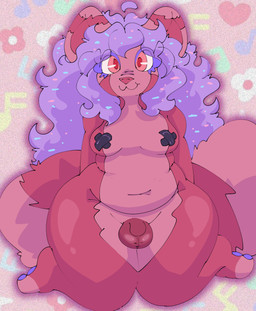 anthro balls big_tail breasts flaccid genitals gynomorph hair heart_symbol intersex kneeling pasties penis pink_body purple_hair silly small_breasts small_penis solo tail eljardindeluna luna_(eljardindeluna) ailurid mammal red_panda hi_res